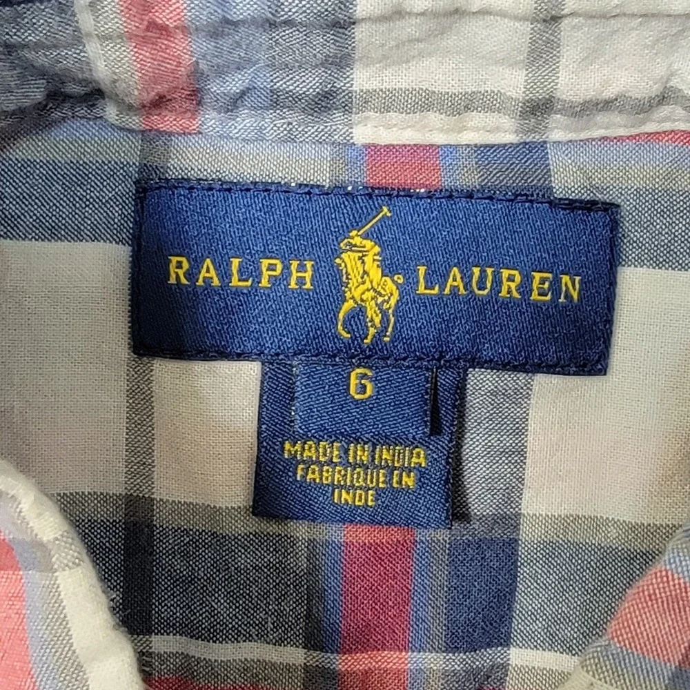 EUC Ralph Lauren Boys Plaid Short Sleeve Button Down Shirt Size 6 Blue Red White